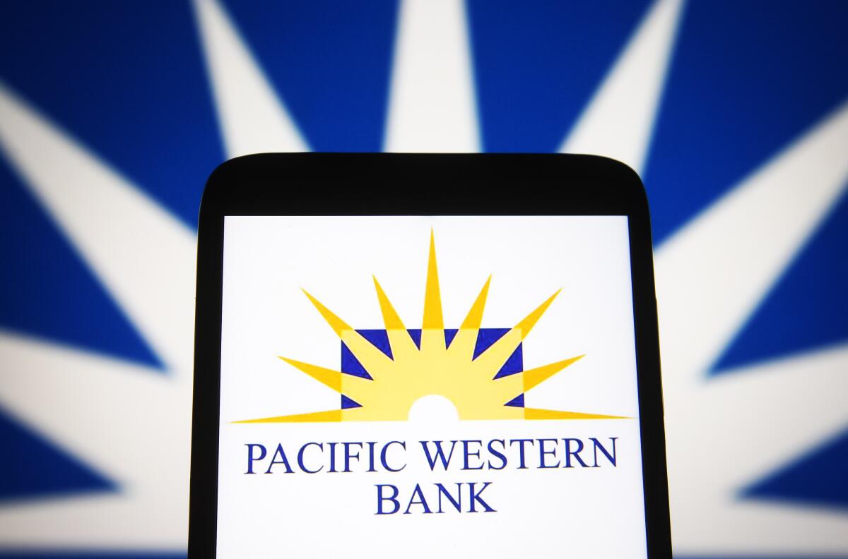 Pacific Western Bank logo is seen on a smartphone screen