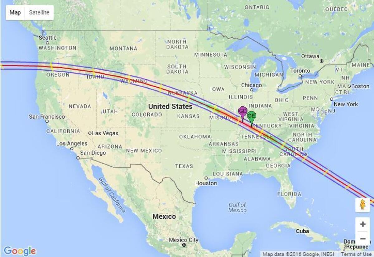 This Google map shows the path of totality for the Aug. 21, 2017 solar eclipse.