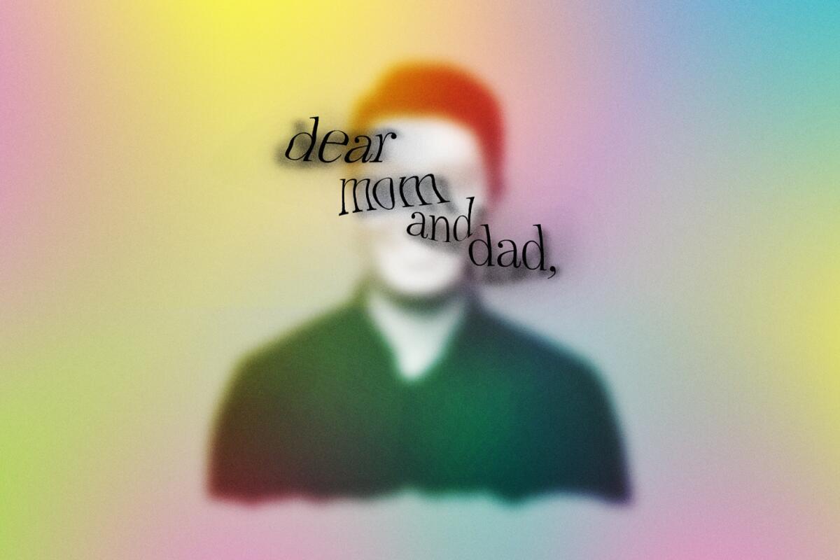 An illustration of the words "dear mom and dad" over a blurred portrait of a man