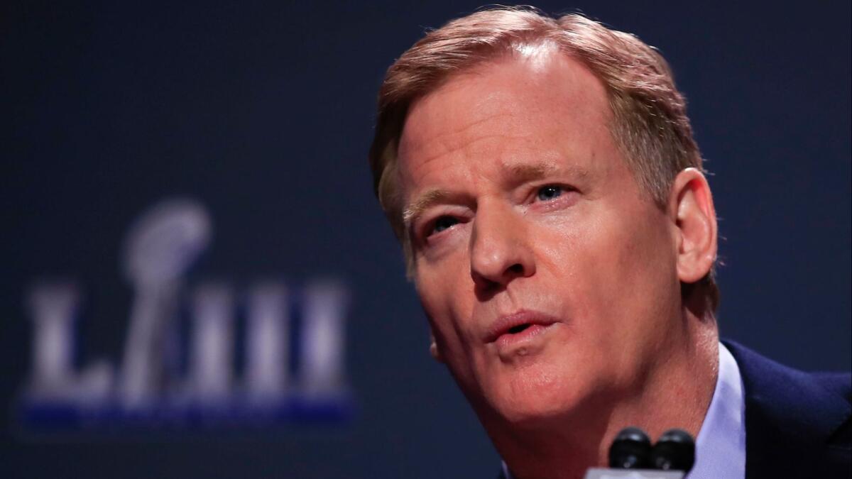 NFL commissioner Roger Goodell speaks at his annual Super Bowl news conference Jan. 30 in Atlanta.