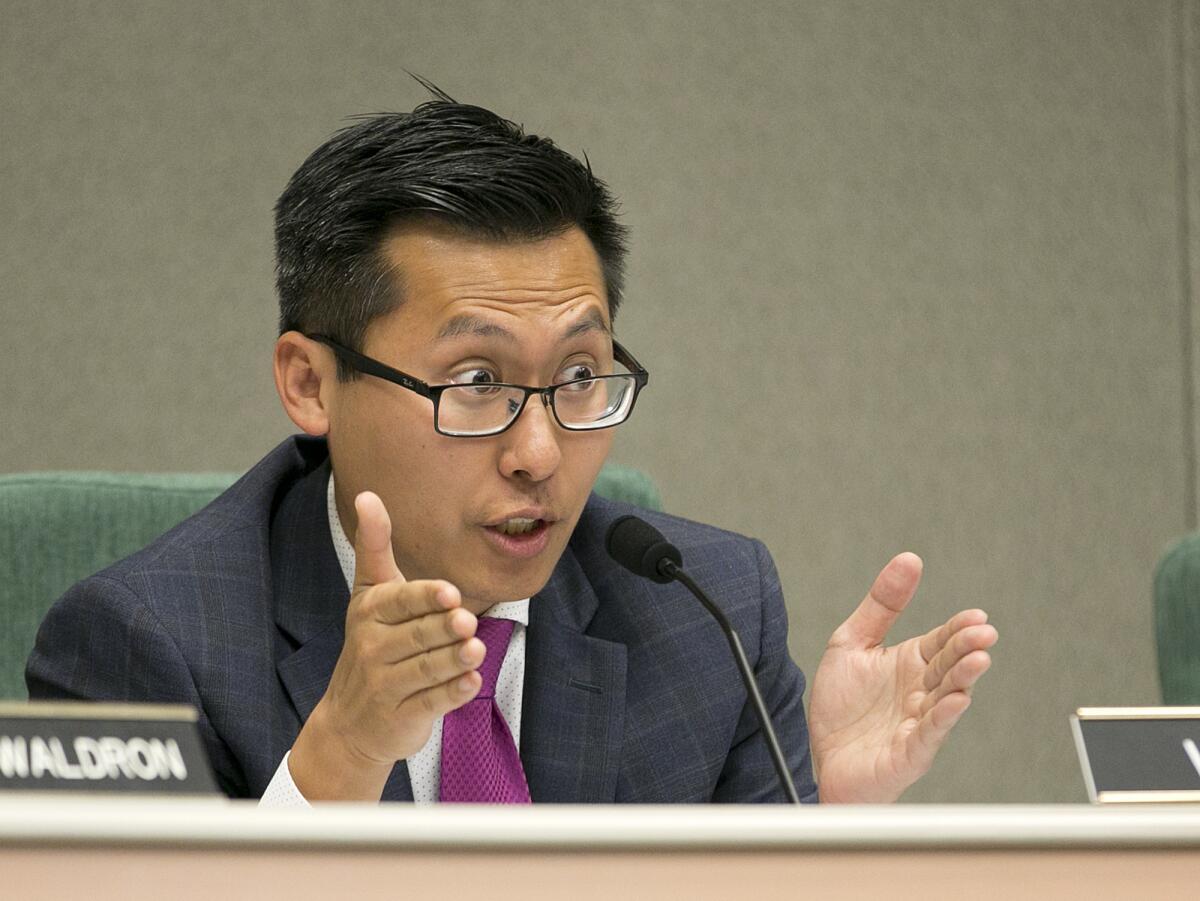 Assemblyman Vince Fong (R-Bakersfield) questions Assemblyman Ken Cooley, unseen, how the Legislature handles sexual harassment complaints during this week's first committee hearing.