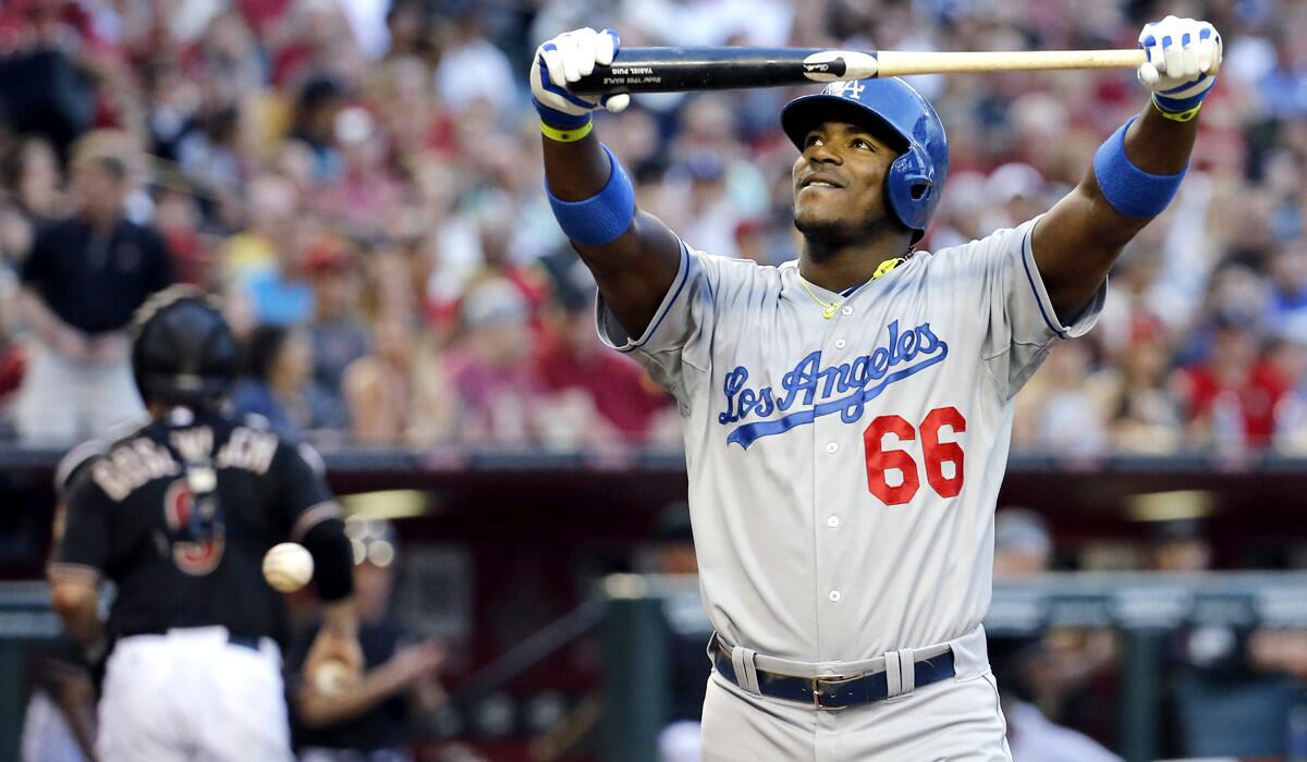 Although Dodgers right fielder Yasiel Puig had another home run Saturday night against the Diamondbacks, he also sturck out to end the fifth inning.