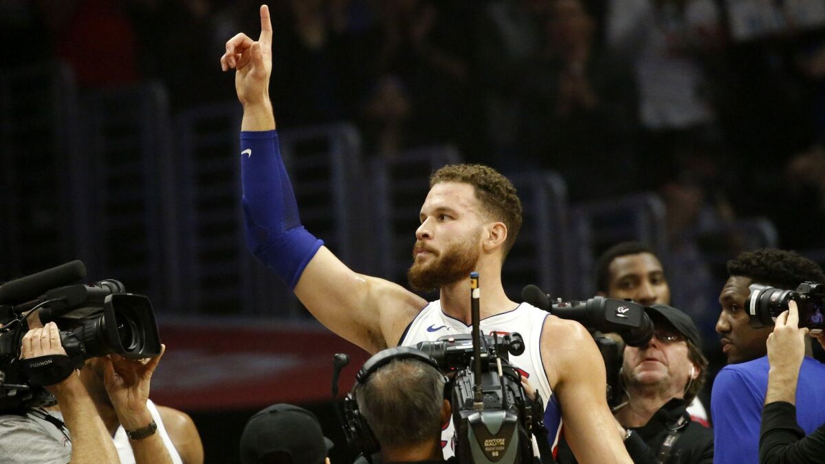Pistons forward Blake Griffin acknowledges the Clippers fans during the game Saturday.