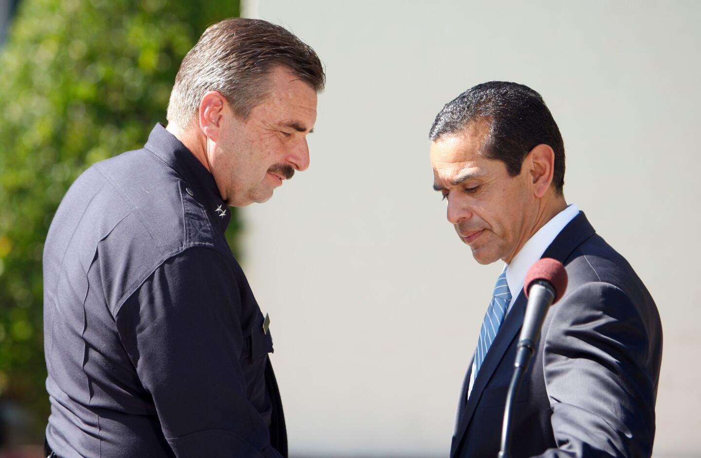 In 2009, then-Mayor Antonio Villaraigosa and Los Angeles Police Department Deputy Chief Charlie Beck are shown after announcement that Beck would become chief.