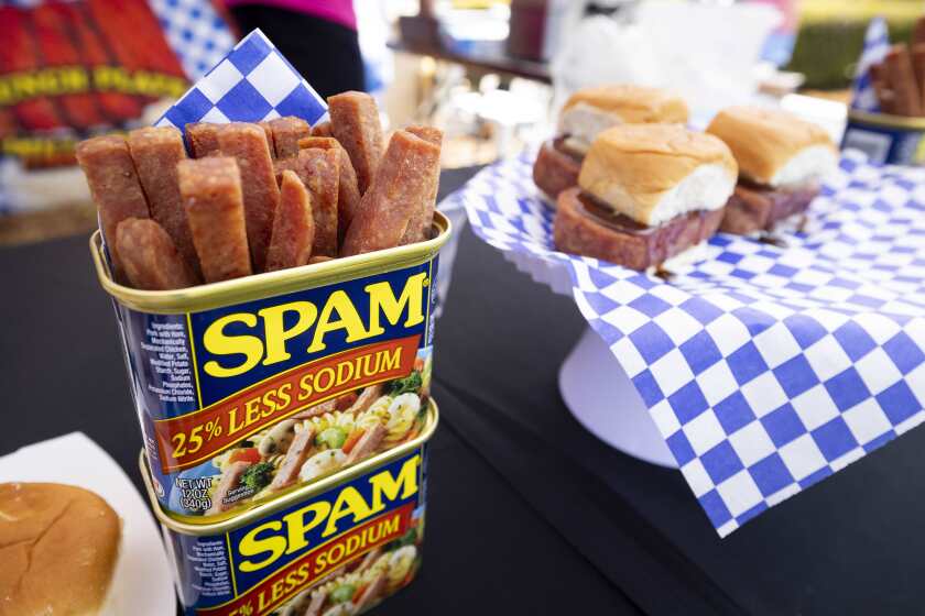 Del Mar, CA - May 29: SPAM fries from the The Spam Stand during a media preview for the 2024 San Diego County Fair at Del Mar Fairgrounds on Wednesday, May 29, 2024 in Del Mar, CA. (Meg McLaughlin / The San Diego Union-Tribune)