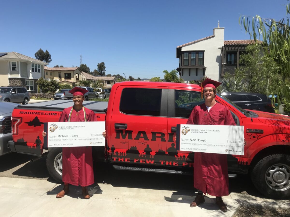 TPHS graduates Michael Cava and Alec Howell with their Marine Corps ROTC scholarships.