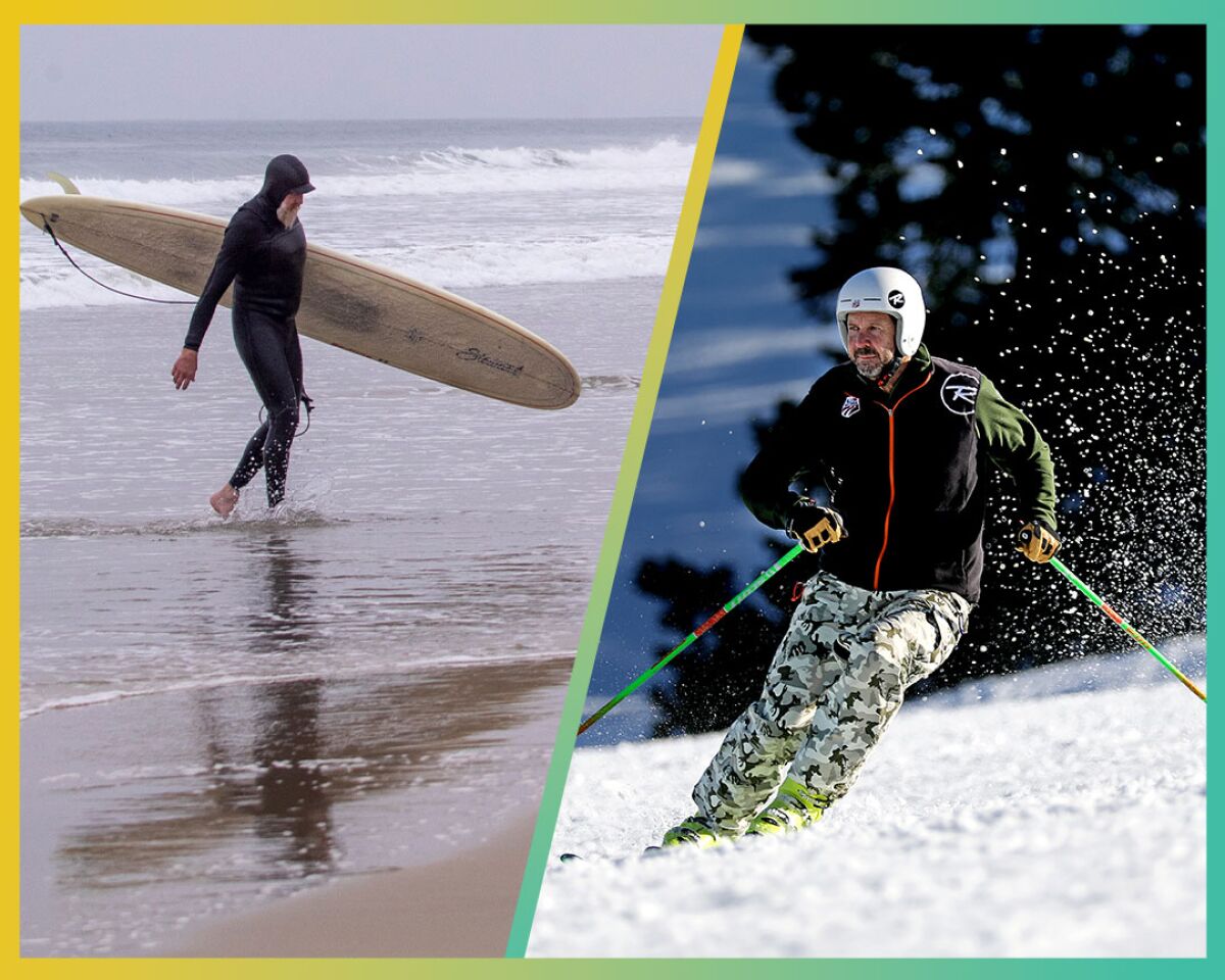 Two photos paired, one of a surfer emerging from the ocean carrying a surfboard, the other of a person snow skiing.