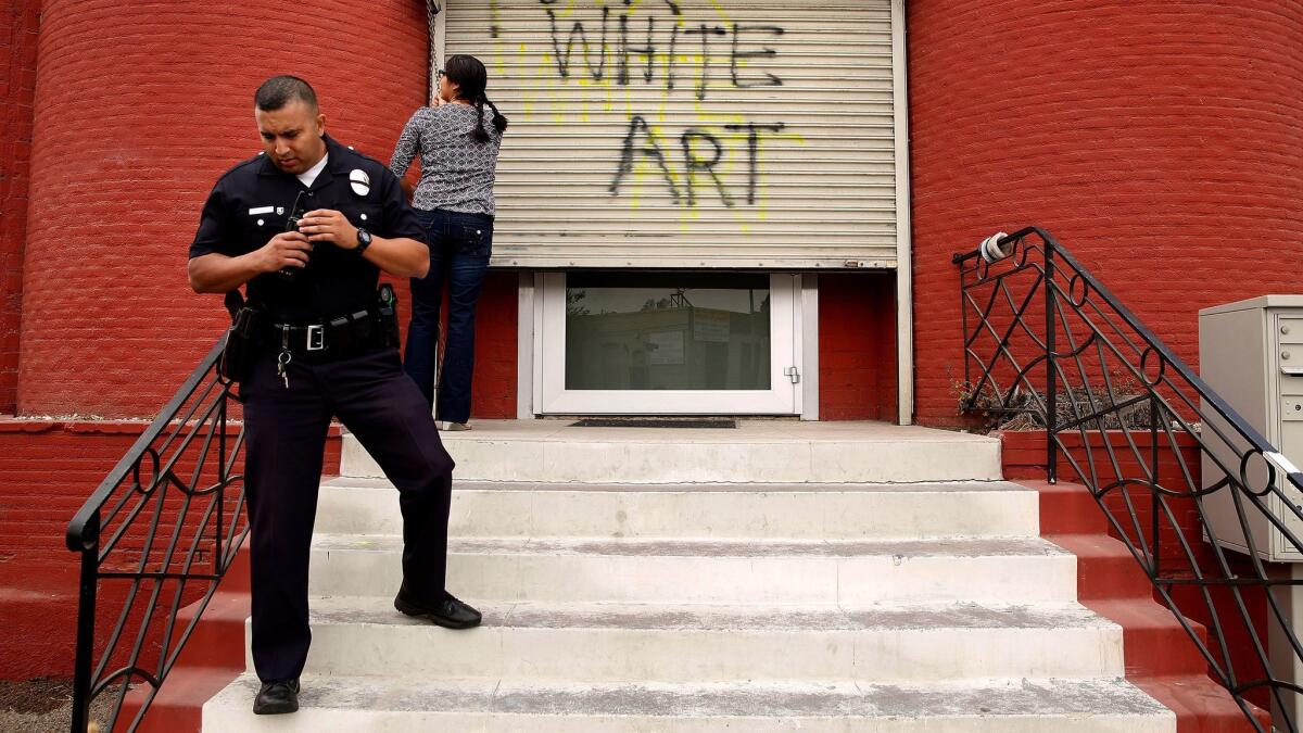 A gallery in Boyle Heights was vandalized by anti-gentrification protesters in 2016.