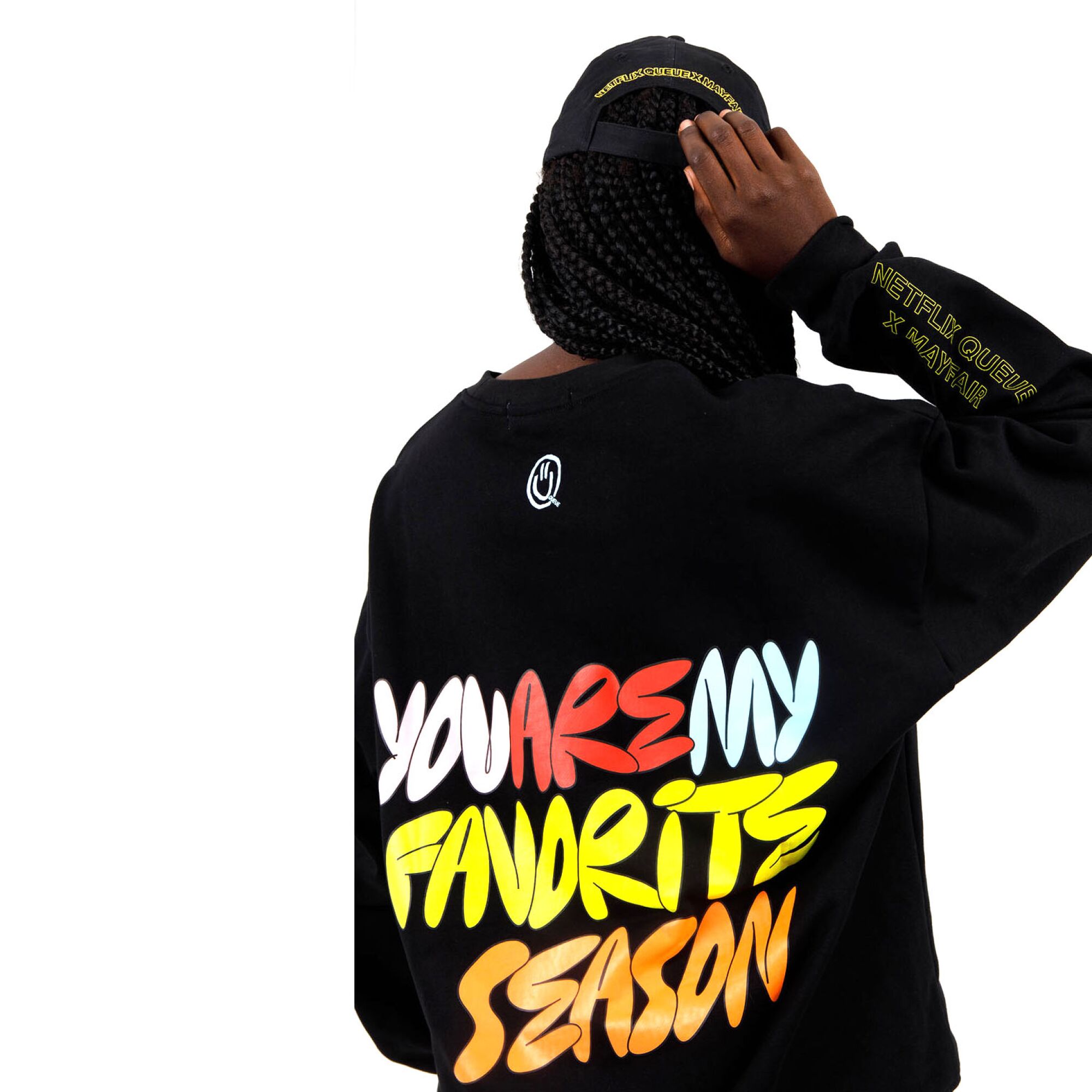 The back of a sweatshirt reads, "You are my favorite season."