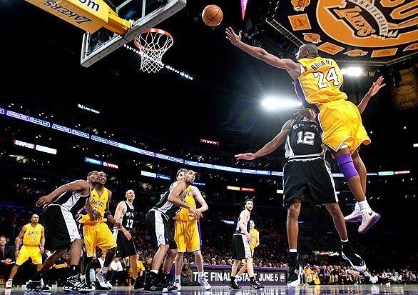 When the Lakers needed a big basket, Kobe Bryant usually delivered, in this case over Spurs defensive specialist Bruce Bowen on Thursday. The Los Angeles Lakers now advance to the NBA Finals to face either the Boston Celtics or the Detroit Pistons.
