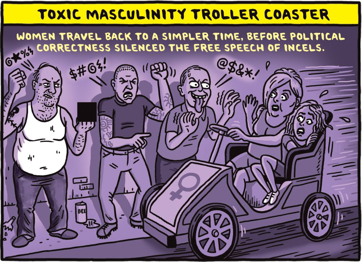 Comic shows a woman and a girl in a car marked with the women symbol rolling past three creepy men spewing vulgarities. 