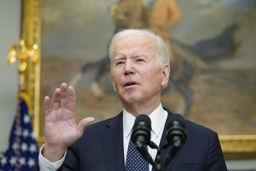 President Joe Biden speaks about Ukraine in the Roosevelt Room of the White House, Friday, Feb. 18, 2022, in Washington. (AP Photo/Alex Brandon)