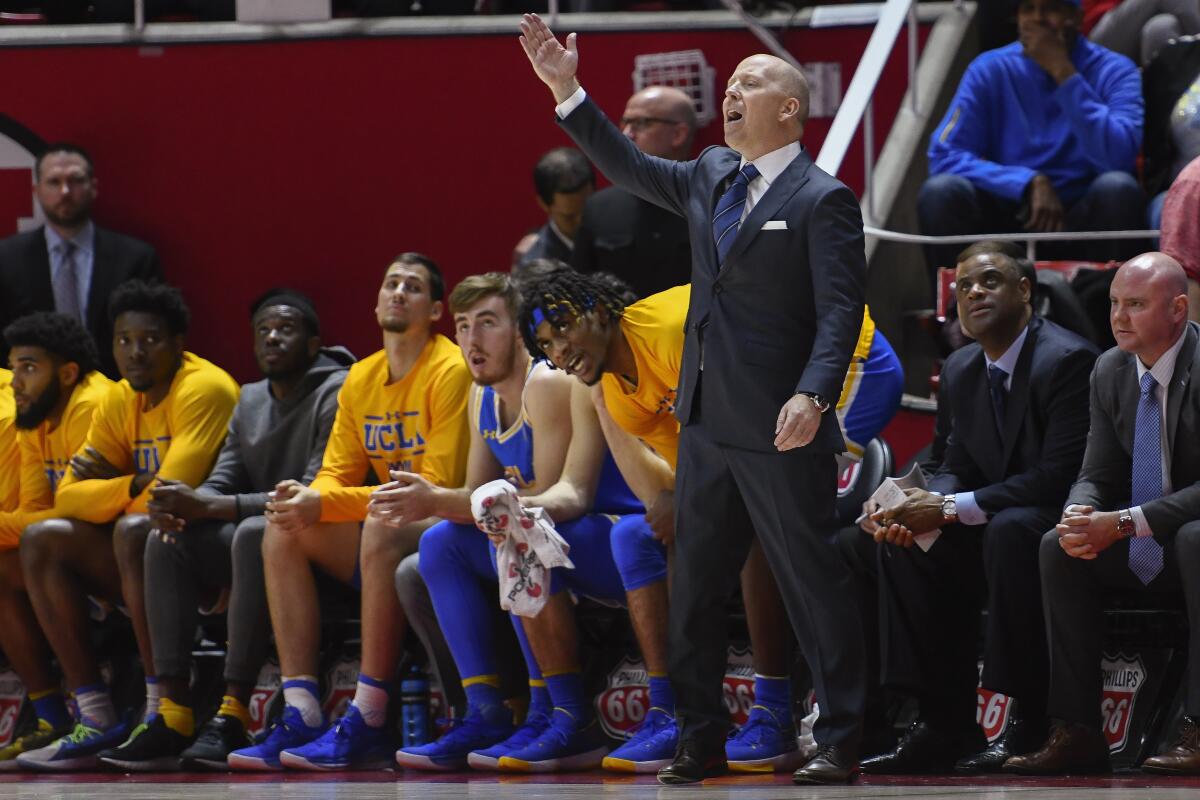UCLA coach Mick Cronin yells to players from the sideline during a game against Utah on Feb. 2.