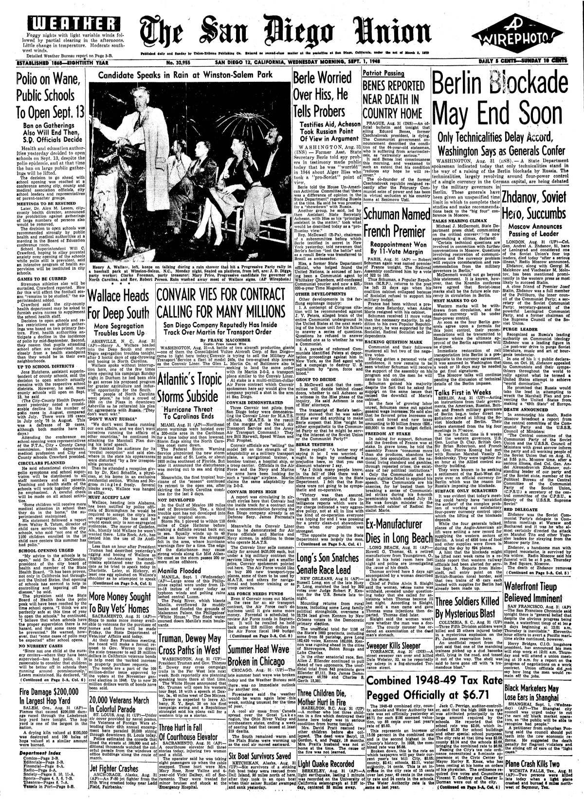 September 1, 1948 Union front page with headline,"Polio on Wane, Public Schools to Open..."