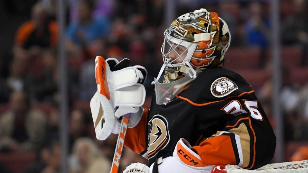 Ducks goalie John Gibson stands at his net after giving up four goals during the first period of a game against the Blue Jackets on Oct. 28.