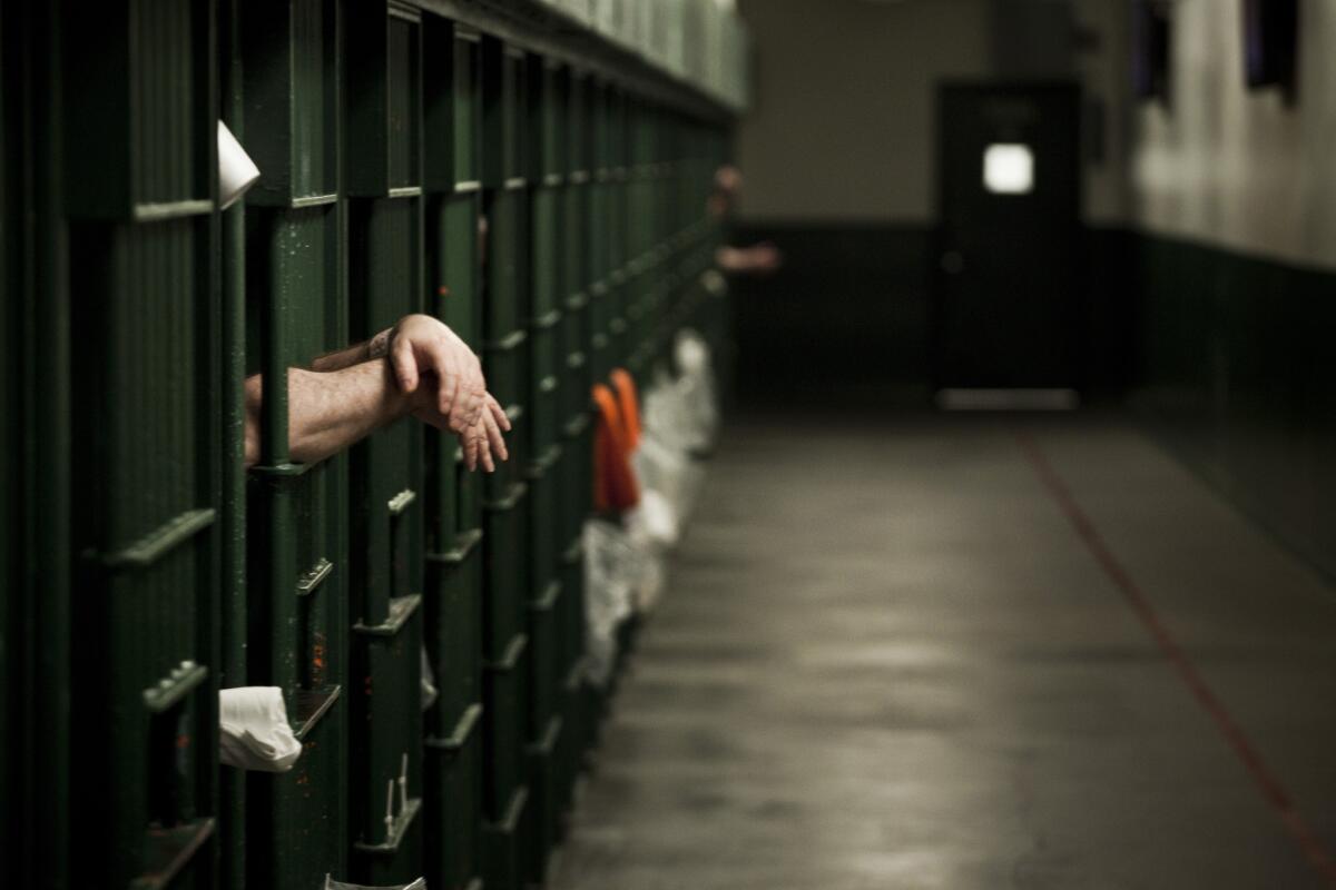 Inmates' hands outside of cells in L.A. County Men's Central Jail.