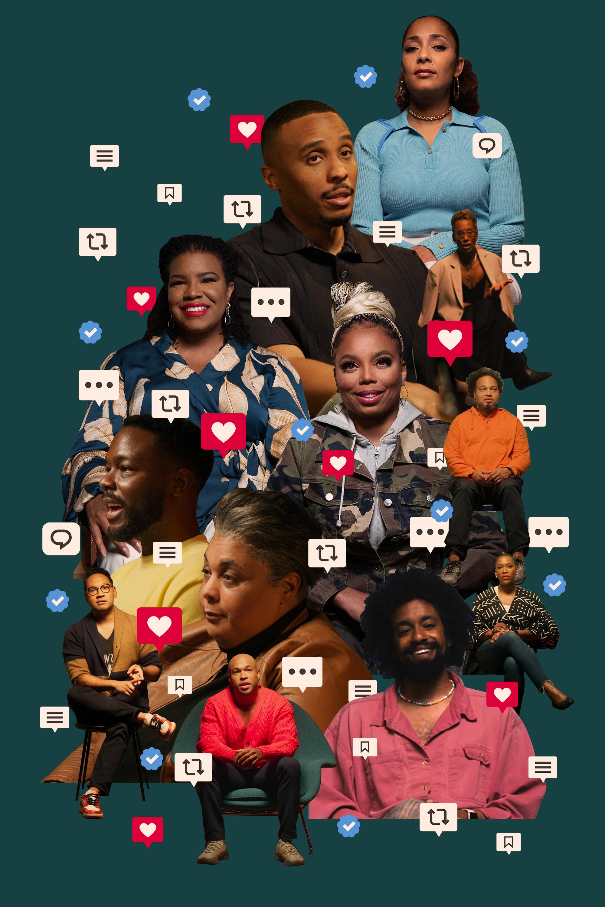 photo collage of figures from Hulu's Black Twitter documentary arranged with social media icons