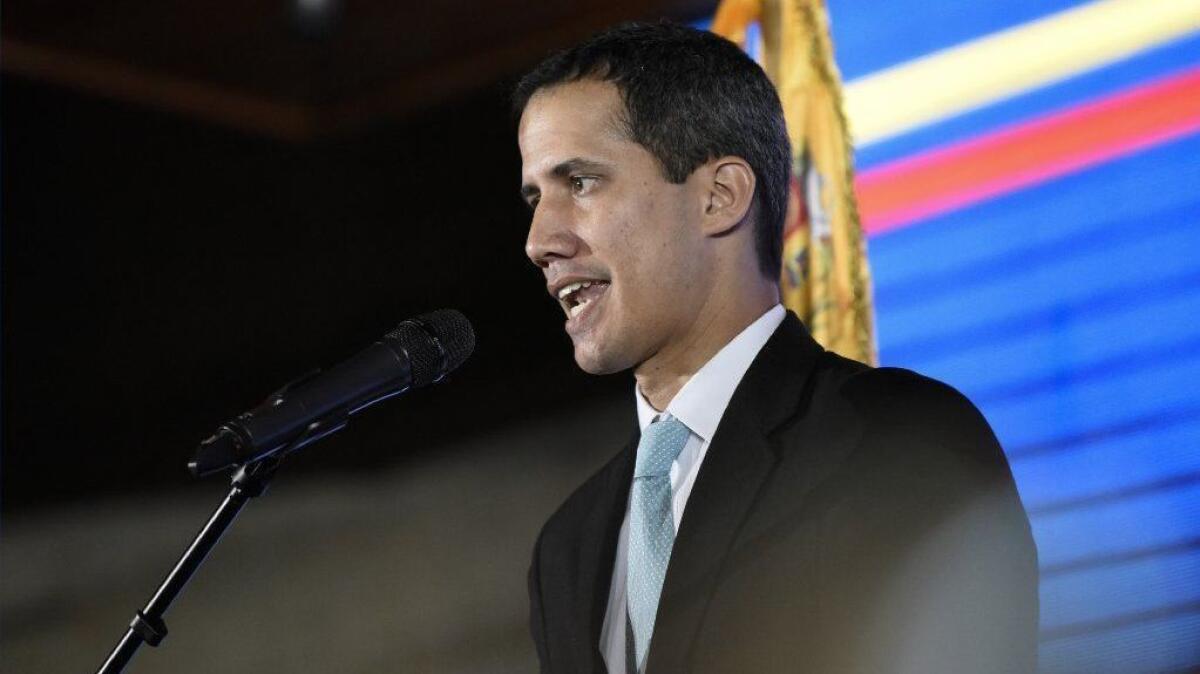 Opposition leader Juan Guaidó, who was proclaimed Venezuela's interim president by the National Assembly, speaks in Caracas on Jan. 31.