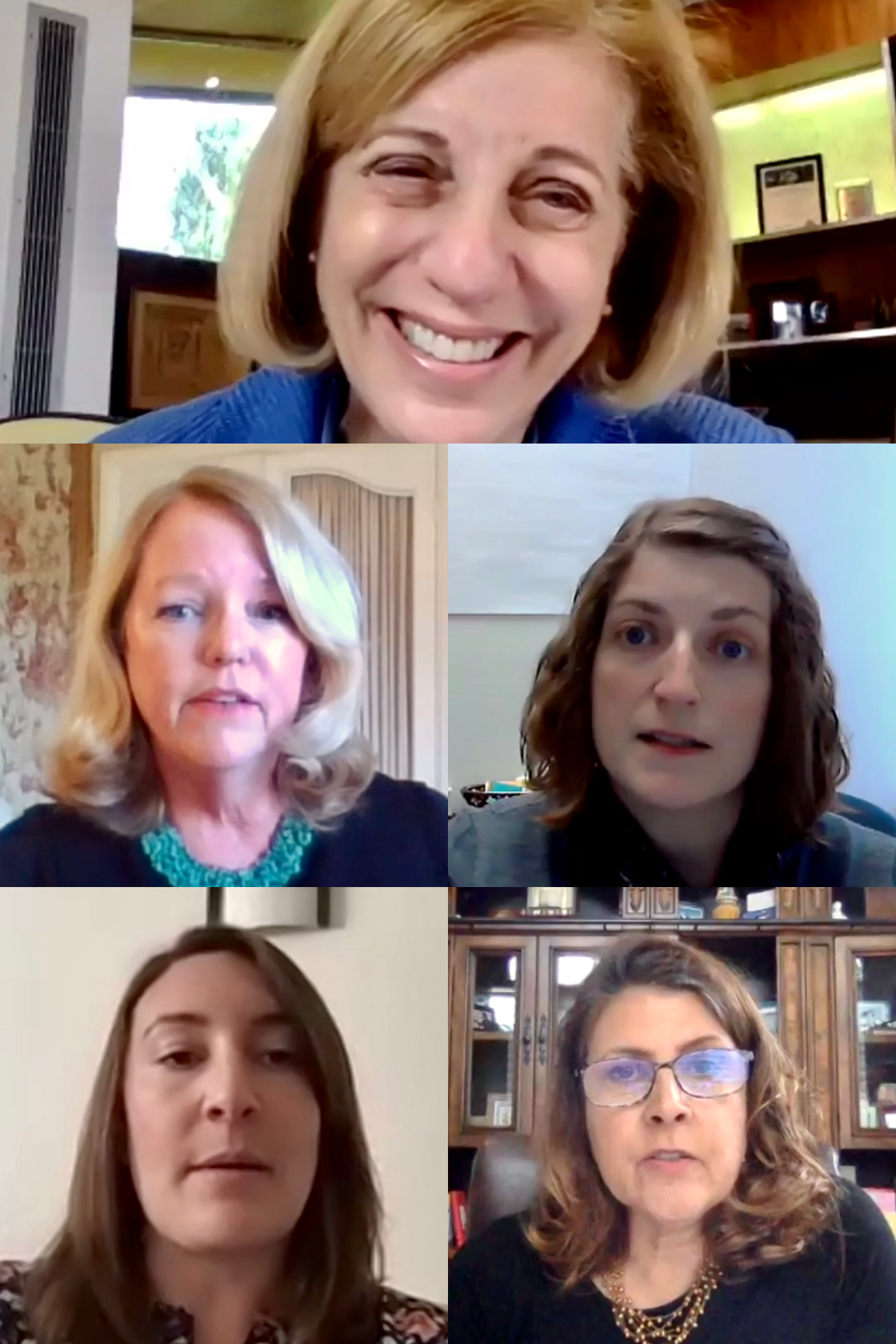 San Diego City Council member Barbara Bry's "House Calls" webinar April 20 featured four area nursing experts. Pictured are Bry (top), Dr. Kathy Marsh and Dr. Heather Warlan (second row) and clinical nurse Katie Moss and Dr. Karen Macauley (bottom row).