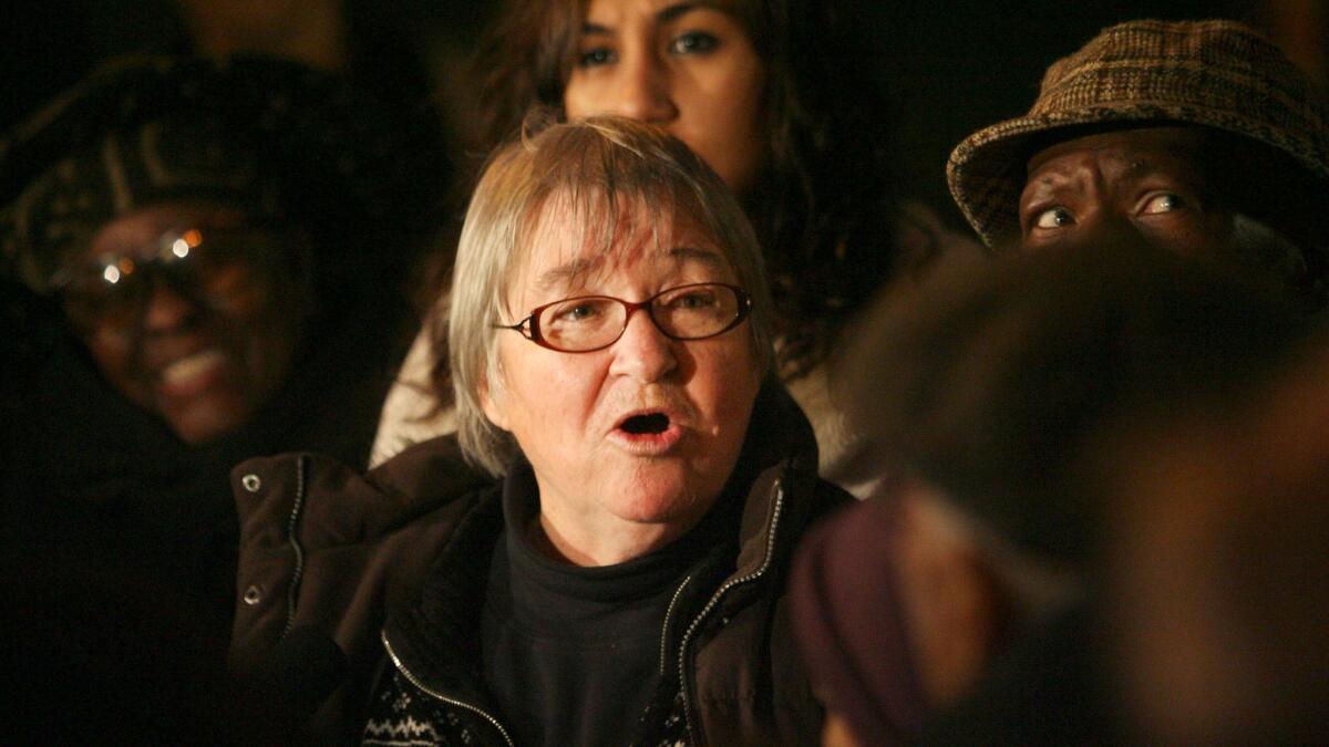 Lynne Stewart speaks to supporters before entering federal court in Manhattan in 2009 to surrender.