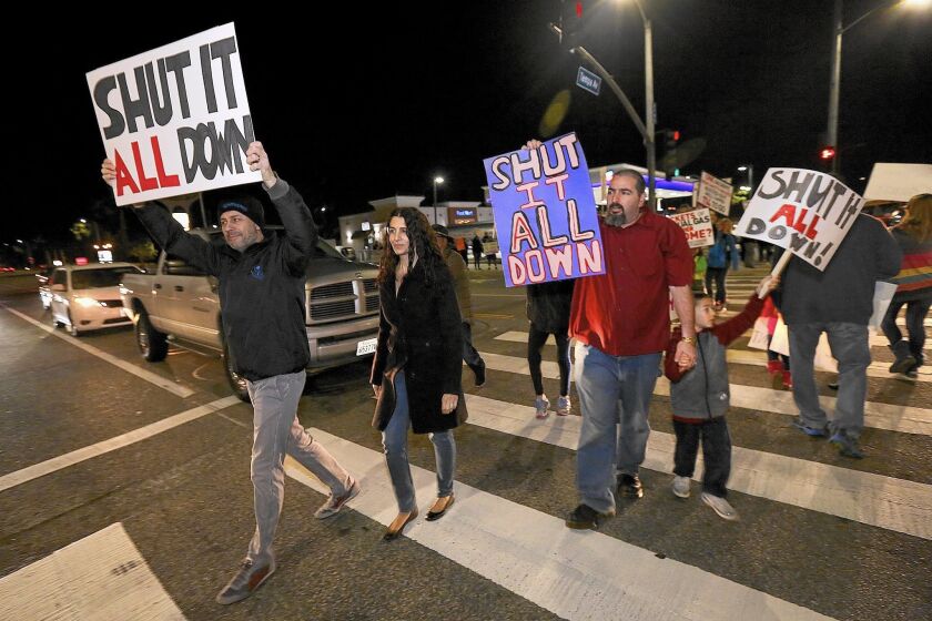 Porter Ranch residents at a protest last week call for the closure of the Aliso Canyon storage facility.