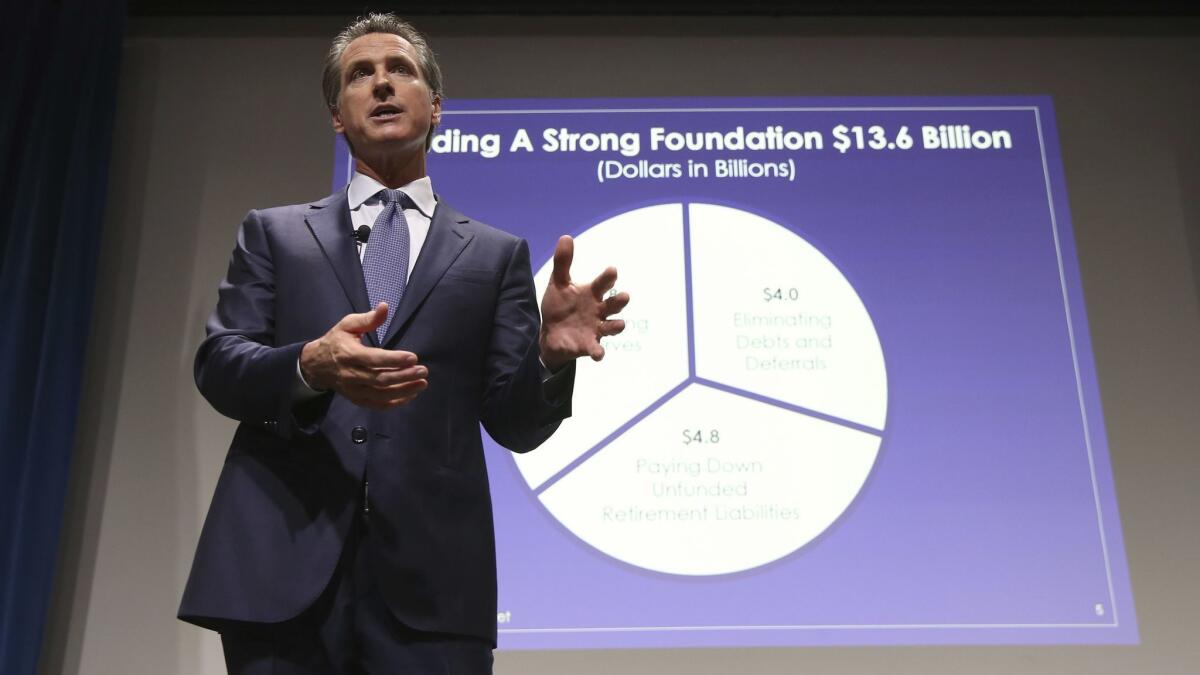 Gov. Gavin Newsom presents his first state budget at a news conference in January.