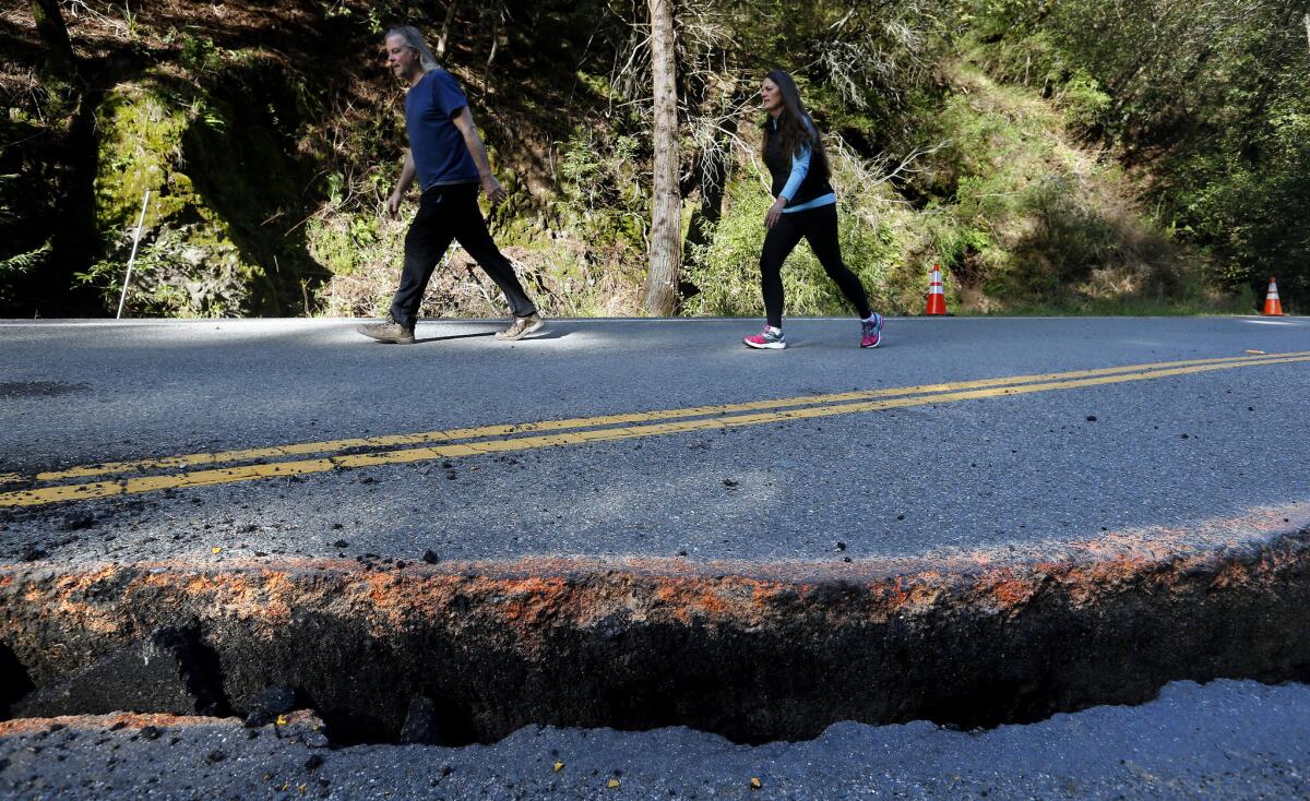 Along with landslides, Caltrans will have to repair the asphalt on Highway 1 in Big Sur, which was damaged by runoff from winter storms. (Mel Melcon / Los Angeles Times)