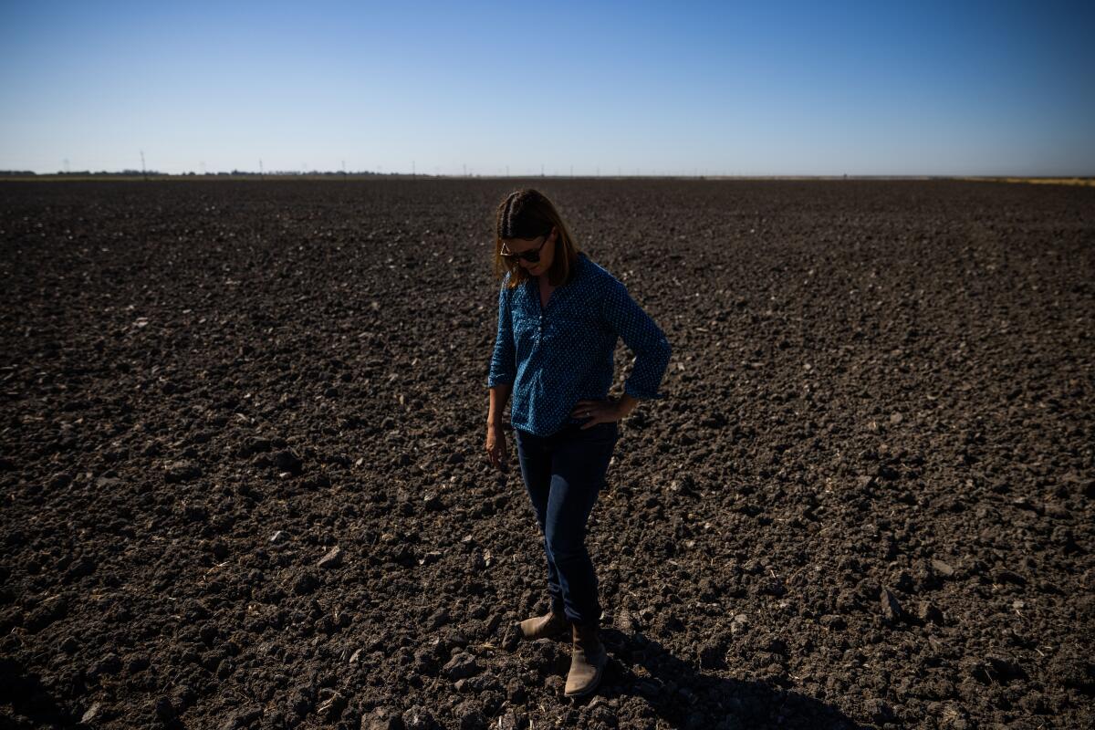 A woman in sunglasses, cowboy boots and jeans stands, looking down, in an empty field of overturned earth.