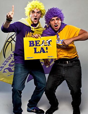 Anthony Gonzalaz, left, and Rene Avaloz, a pair of 22-year-olds from Los Angeles, don wigs and capes as they prepare for Game 1 of the NBA Finals between the Lakers and Celtics on Thursday night.