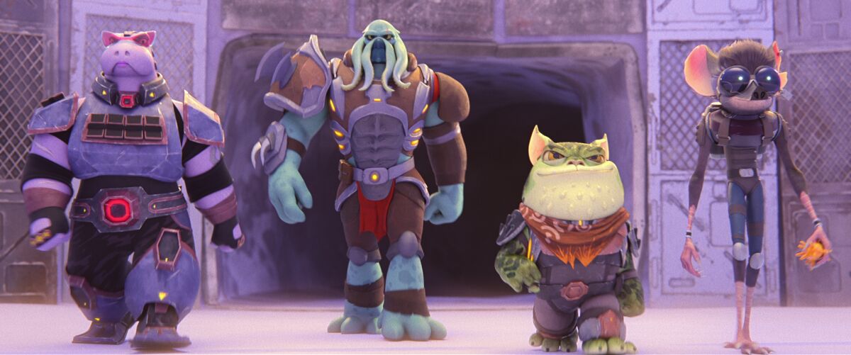 four alien bounty hunters walking together