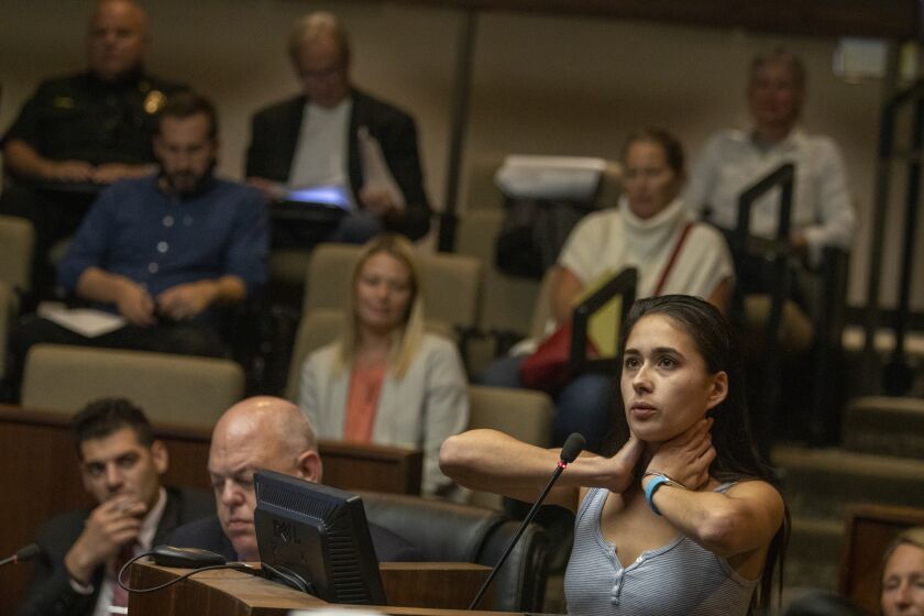 Manhattan Beach, CA OCTOBER 1, 2019: Taylor Dillon, 22, of Manhattan Beach speaks to the Manhattan Beach Council during the public comments October 1, 2019. She is in of favor of banning all tobacco products. (Francine Orr/ Los Angeles Times)