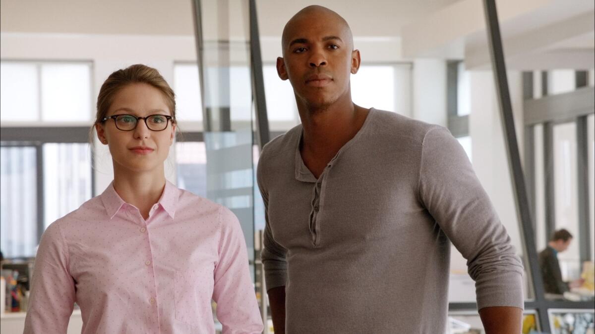 Melissa Benoist and Mehcad Brooks in a scene from "Supergirl." The show is one of five new programs CBS will release in the fall.