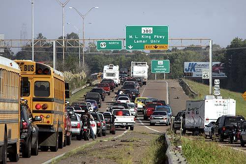 Bumper to bumper traffic streams out of the Port Arthur, Texas, area as evacuations were ordered for the approaching Hurricane Rita. The hurricane is expected to make landfall on Saturday morning.
