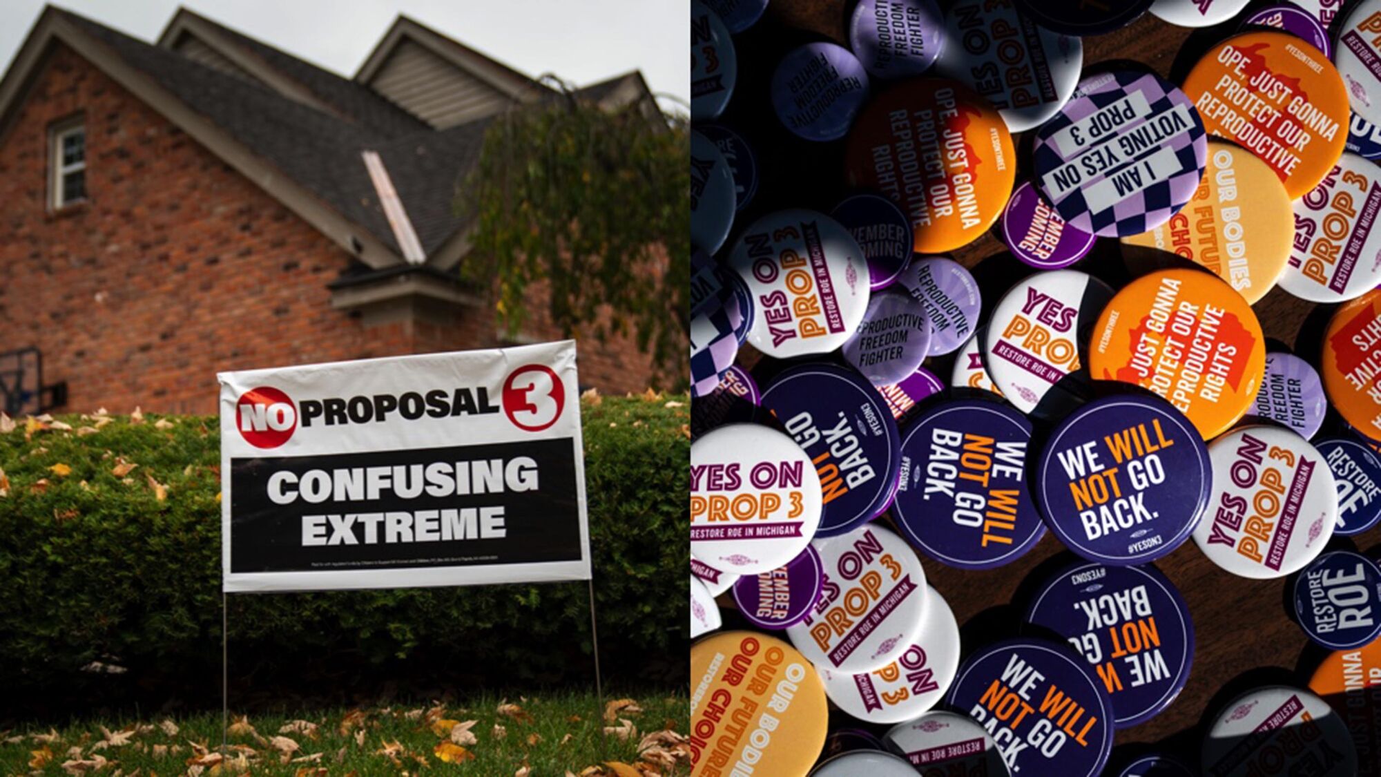 Side by side photos of a sign against Michigan Proposal 3, and campaign buttons for Michigan Proposal 3.