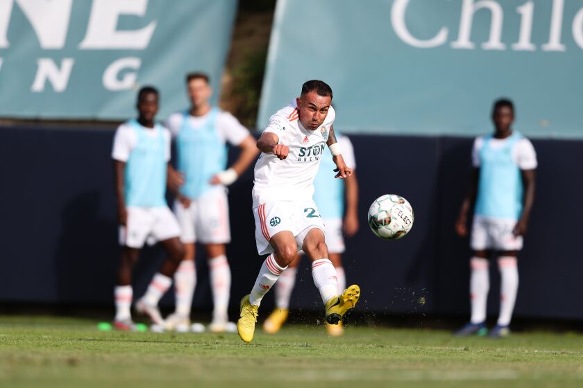 Miguel Ibarra delivers a pass for SD Loyal in last Saturday's match against the Sacramento Republic.