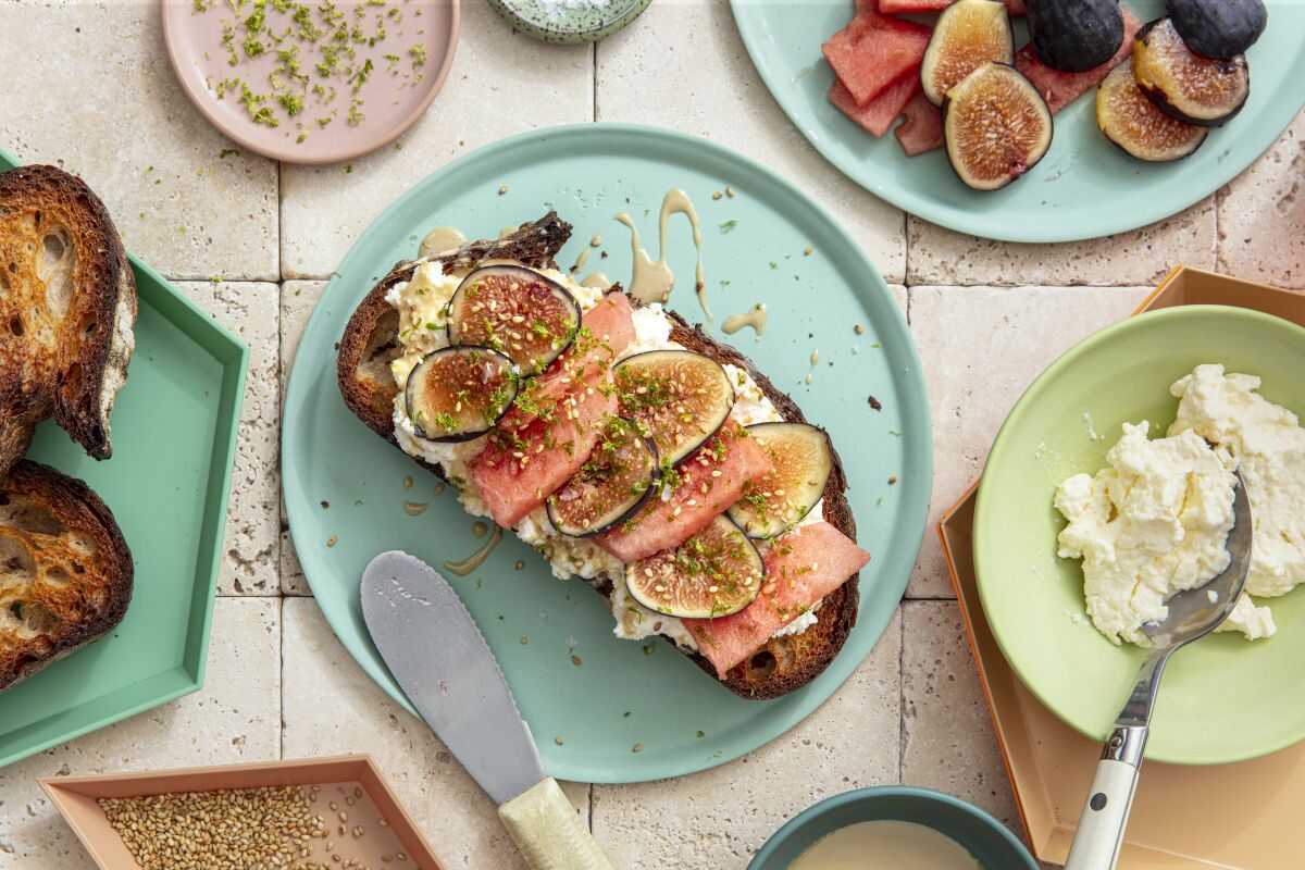 Fig and Watermelon Toast with Ricotta,Sesame Seeds and Lime Zest