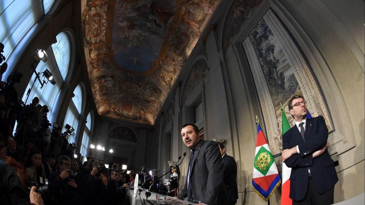 Matteo Salvini, leader of the far-right party League speaks to the press after meeting with Italian President Sergio Mattarella on Monday.