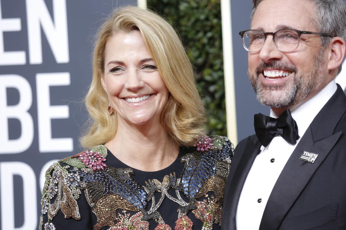 Steve Carrell, wearing a Time's Up pin, and Nancy Carell at the 2018 Golden Globes in January.