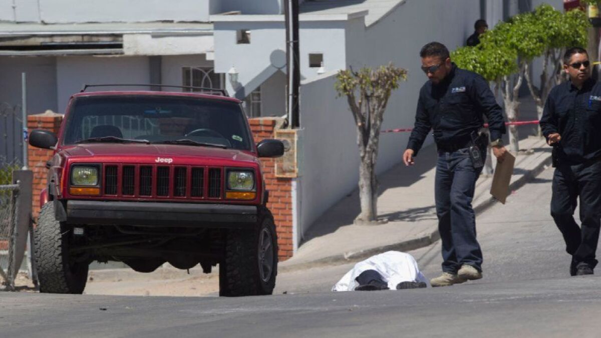 State homicide investigators work at the scene of the murder of Tijuana Municipal Police Officer Jose Luis Nuñez Lopez, 27, where he was gunned down while leaving his house on Aug. 1 in the Jardines del Rubi.