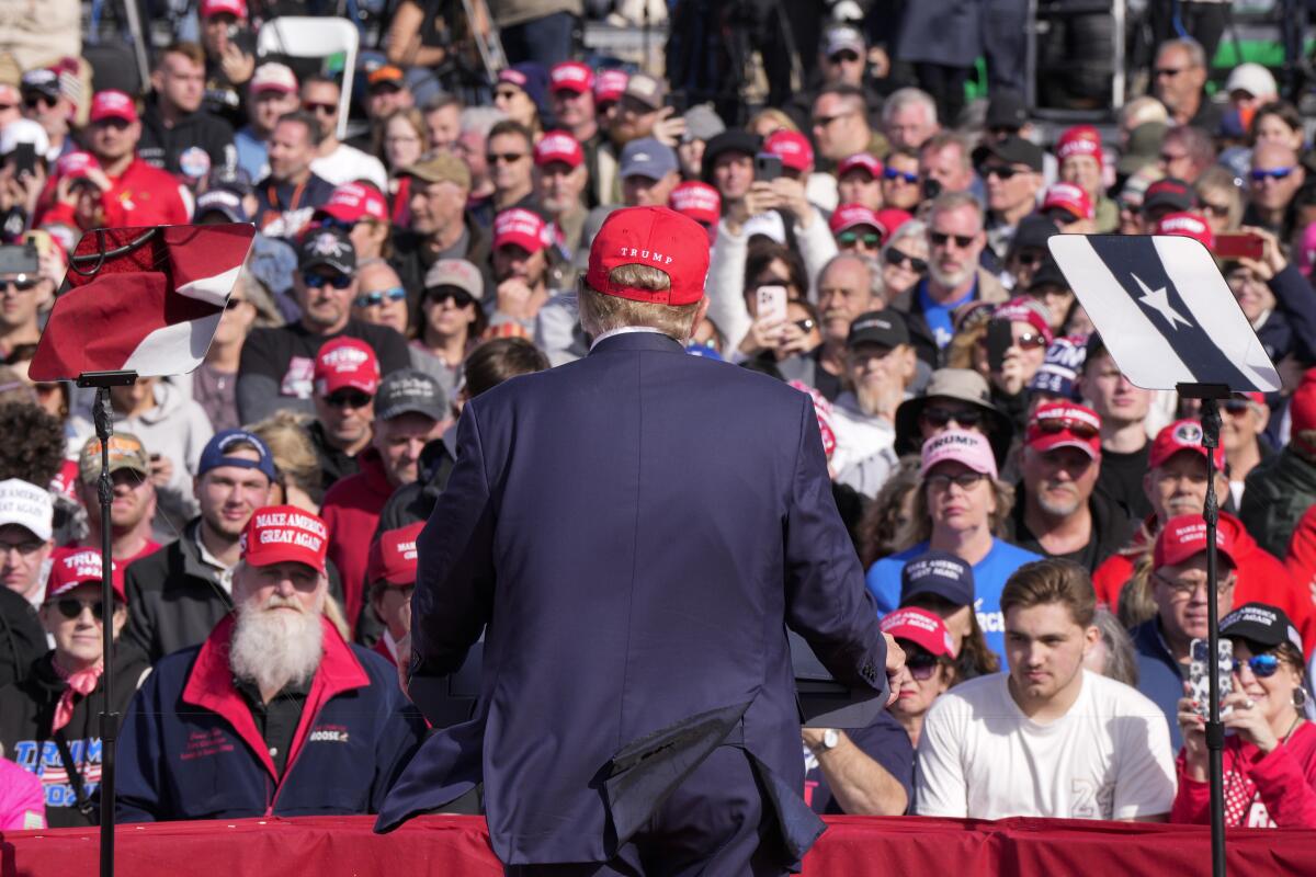 Former President Trump speaks at a campaign rally in Vandalia, Ohio, on March 16. 