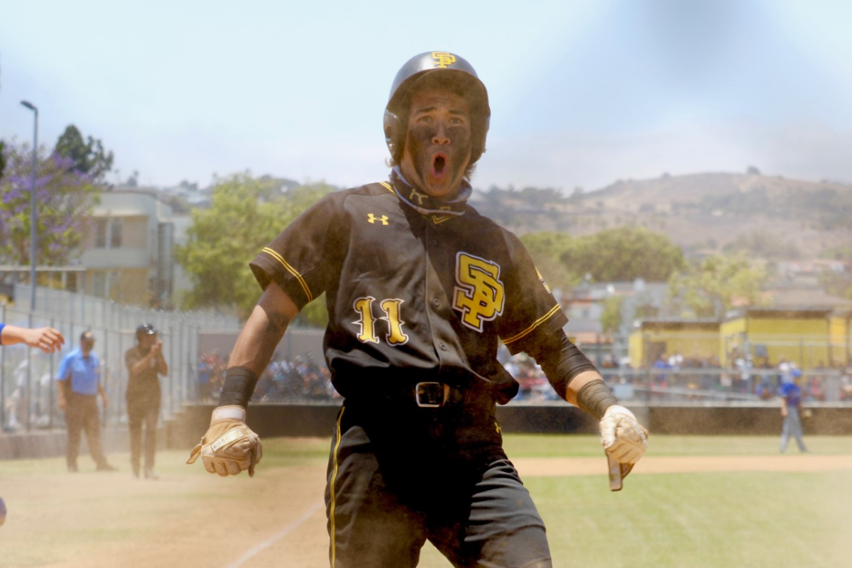 San Pedro's Jake Harper celebrates after scoring in the fifth inning of Saturday’s City Section Open Division final.