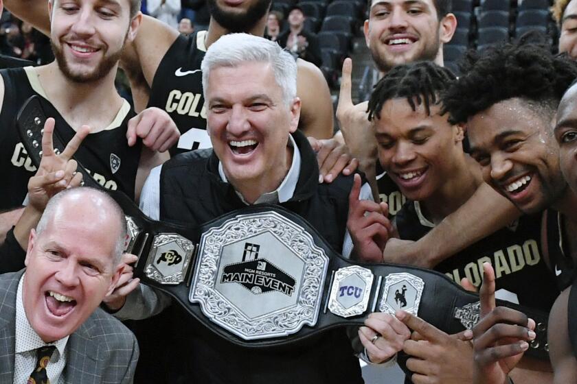 Colorado Buffaloes with the championship belt after their 71-67 victory over the Clemson Tigers Nov. 26, 2019 in Las Vegas
