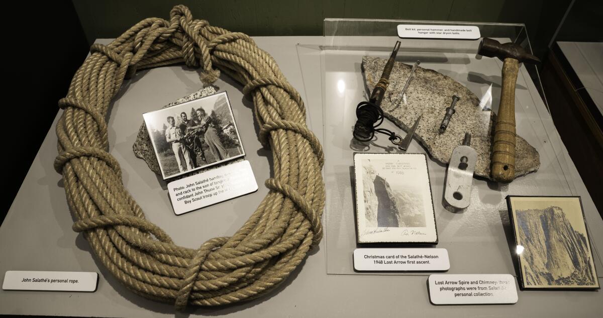Rope and other gear in a museum case.