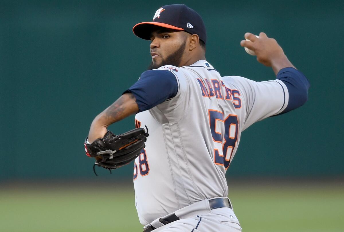 Astros right-hander Francis Martes pitches against the Athletics during the bottom of the first inning of a game June 20, 2017.