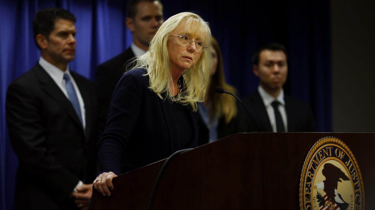 Eileen M.Decker, U.S. attorney for the L.A. region, announces healthcare fraud arrests.