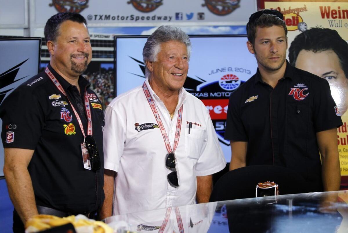 Mario Andretti, center, shown here with his son Michael, left, and grandson Marco, will be the grand marshal of the Long Beach Grand Prix.