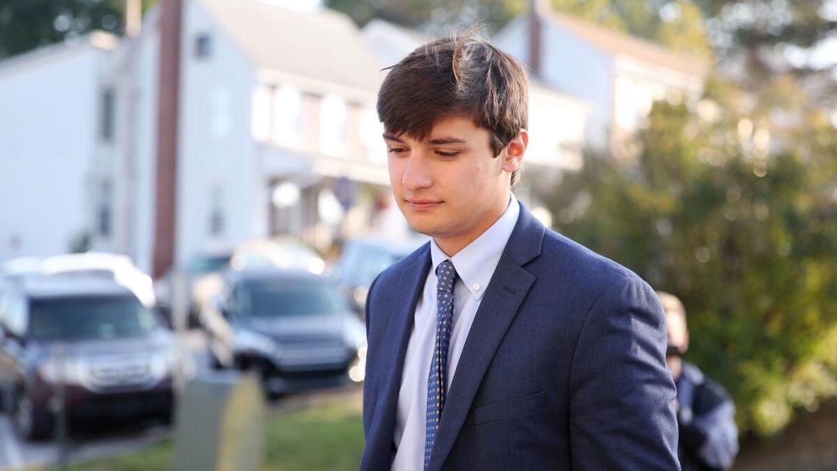 Beta Theta Pi fraternity member Joe Sala arrives for a preliminary hearing at the Centre County Courthouse in Bellefonte, Pa., on Aug. 31