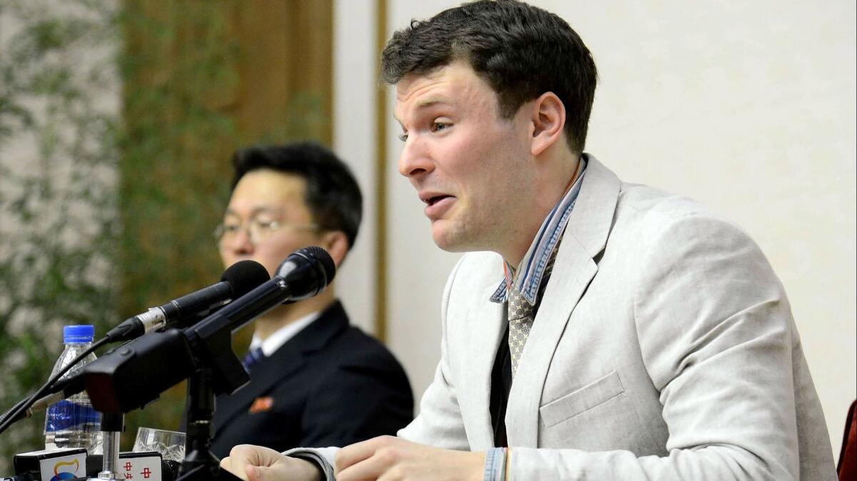 Student Otto Warmbier speaks at a news conference in Pyongyang, North Korea, in 2016.