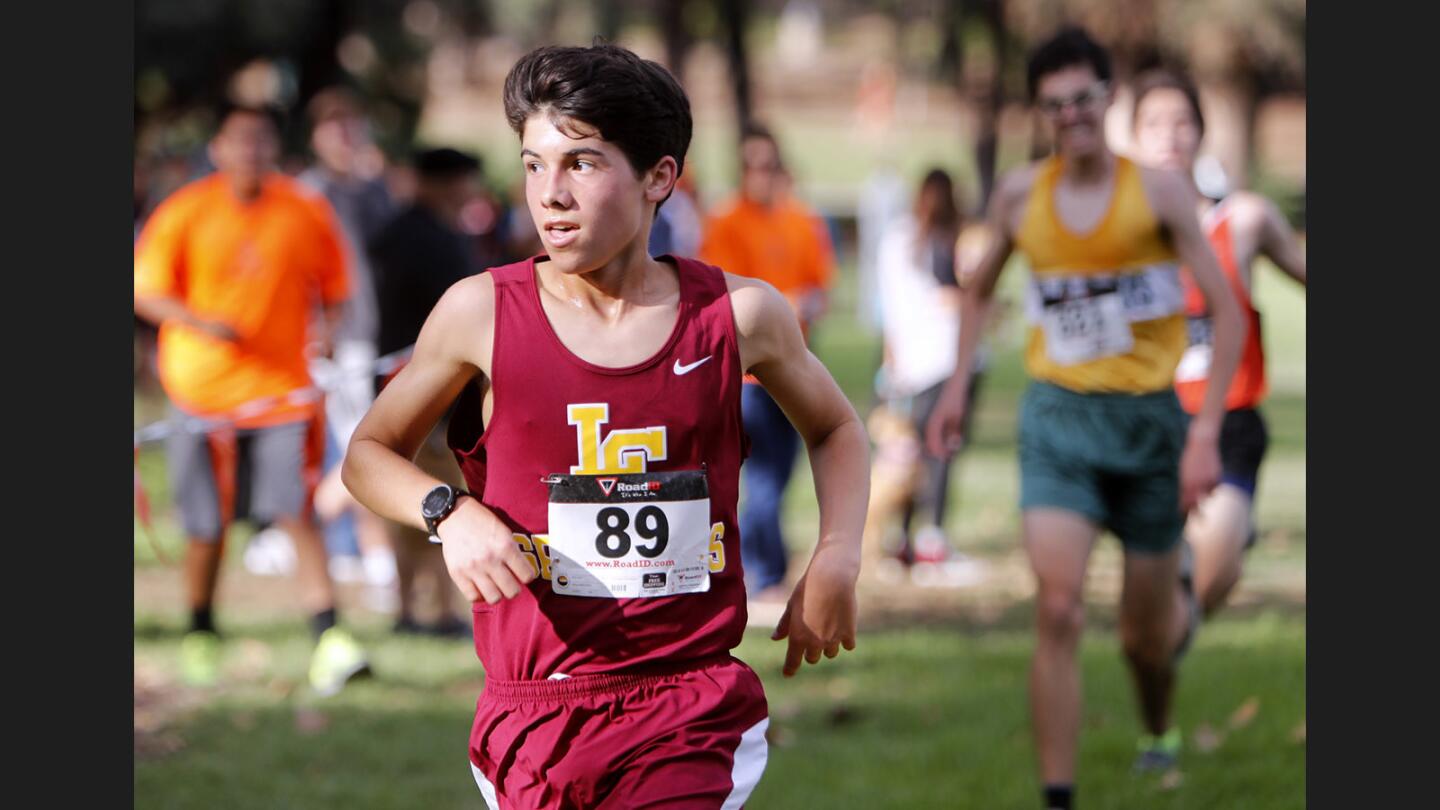 La Cañada High School cross country runner Owen Serrichio comes in second overall in the Rio Hondo League's first cross-country meet of the season, at Lacy Park in San Marino on Thursday, Sept. 21, 2017.