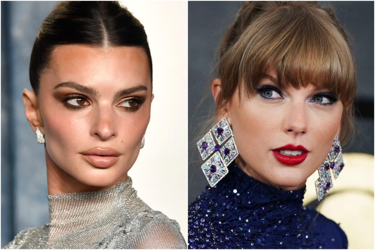 Separate photos of Emily Ratajkowski in a sheer gray turtleneck and Taylor Swift wearing dangly earrings
